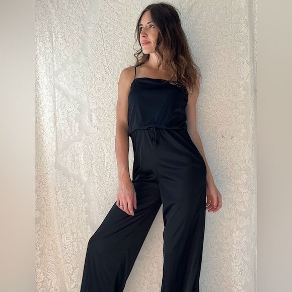 Vintage 70s Union Made Black Disco Jumpsuit Adjustable Straps Zip Back - Picture 1 of 14